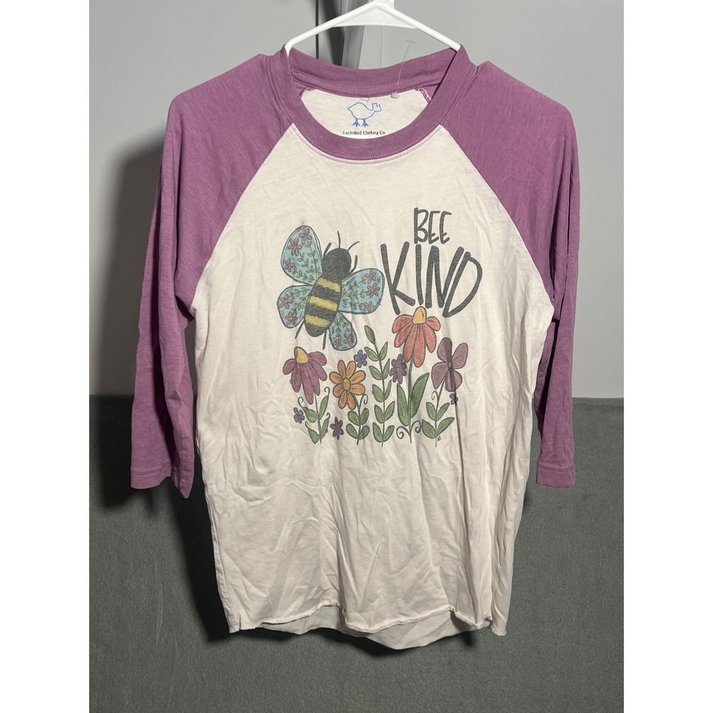 Luckybird Clothing Co. Women's Small S Bee Kind Raglan T-Shirt 3/4 Sleeve Purple